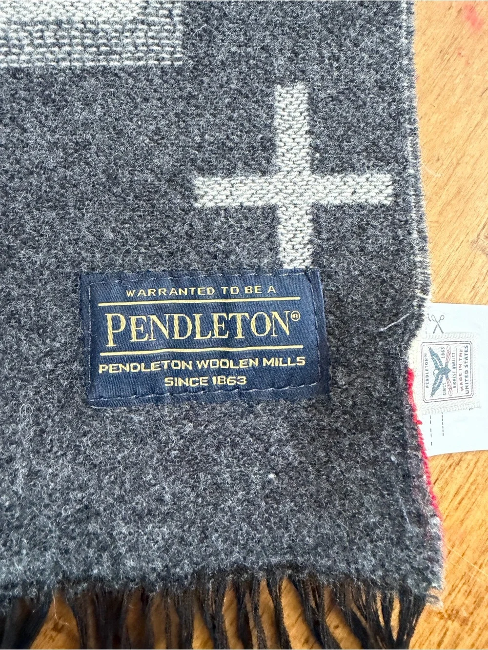 Pendleton Gray Patterned Fringe Scarf - Red Accent